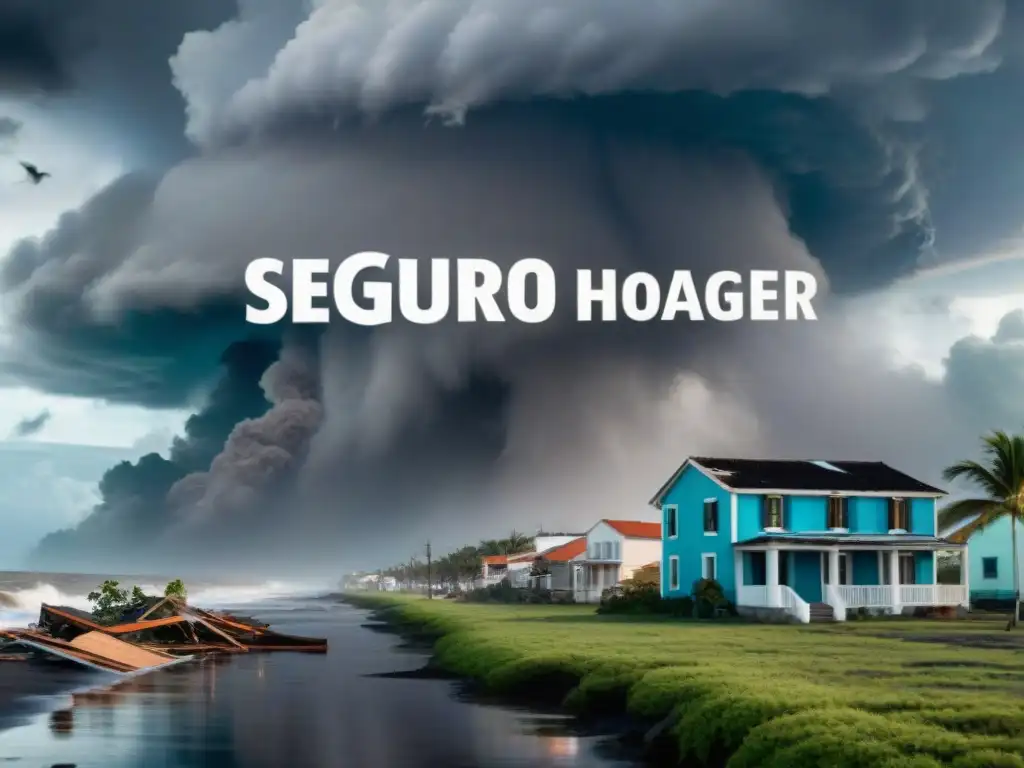 Dramática devastación: Urgencia de seguro hogar costero Destrucción en una ciudad costera tras huracán, con casas dañadas, escombros y cielo tormentoso