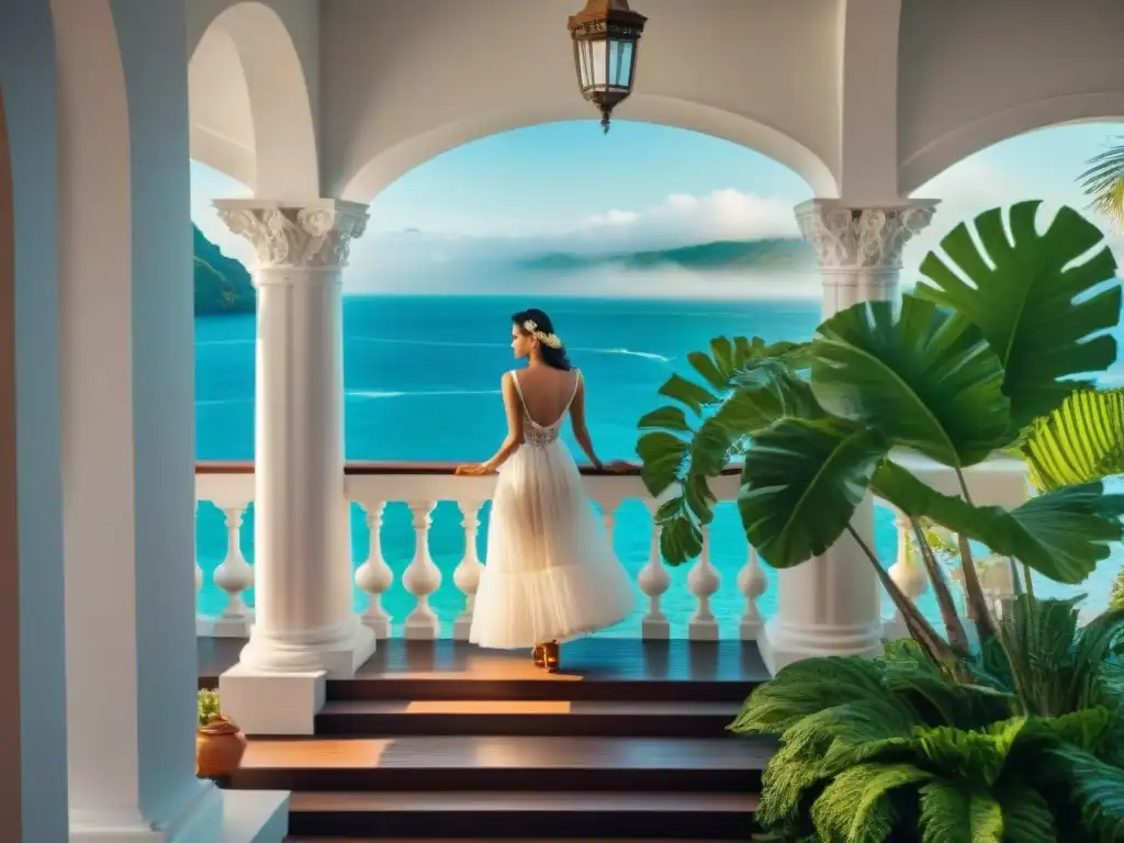 Detalle arquitectónico de mansión histórica junto al mar Detallada mansión histórica frente al mar con elegantes columnas, ventanas y veranda, reflejando lujo costero