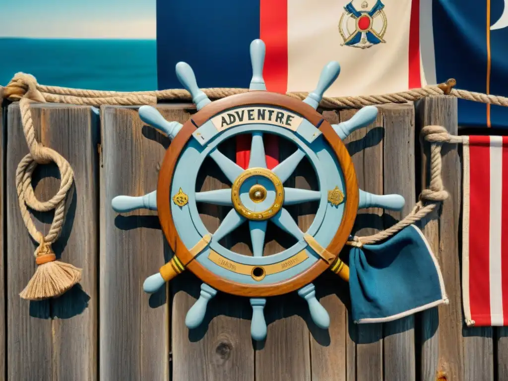 Timón de barco antiguo: historia y encanto marítimo Una detallada imagen de un timón de barco envejecido rodeado de cuerdas y banderas marítimas
