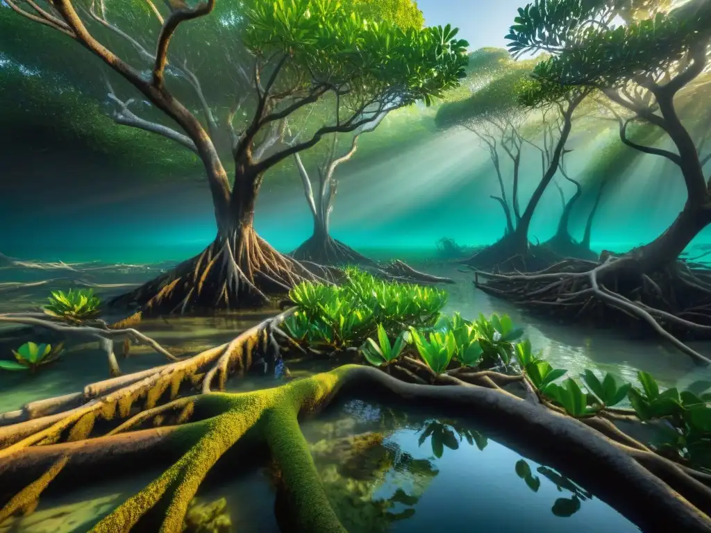 Maravillosa biodiversidad en manglar costero Detallada imagen de un bosque de manglares costeros, resaltando la biodiversidad y la armonía ambiental