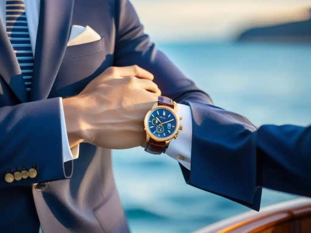 Reloj náutico: elegancia marina en detalle Detallada imagen de un hombre ajustando un reloj náutico, con accesorios marinos para hombre moderno