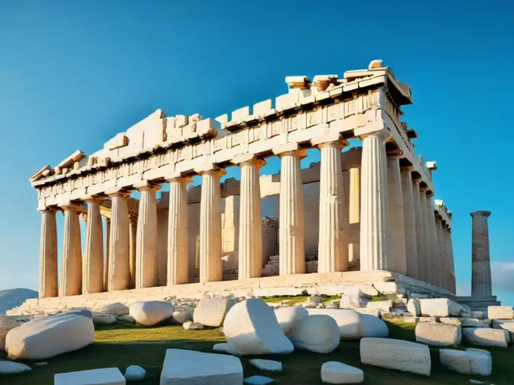 Esplendor del Partenón: Detalles históricos en mármol griego Detallada imagen del icónico templo del Partenón en Grecia, resaltando sus columnas de mármol contra el cielo azul
