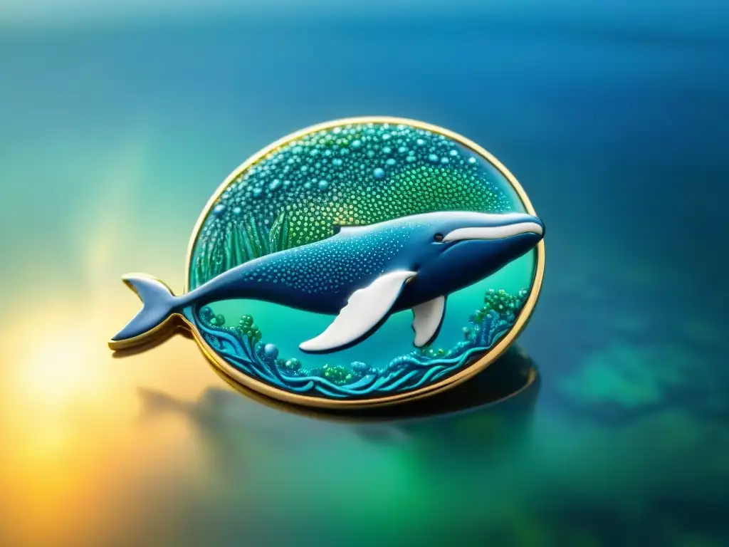 Broche esmalte ballena: detalle artesanal sumergido en el océano Detallado broche de esmalte en forma de ballena sumergiéndose en un mar de azules y verdes