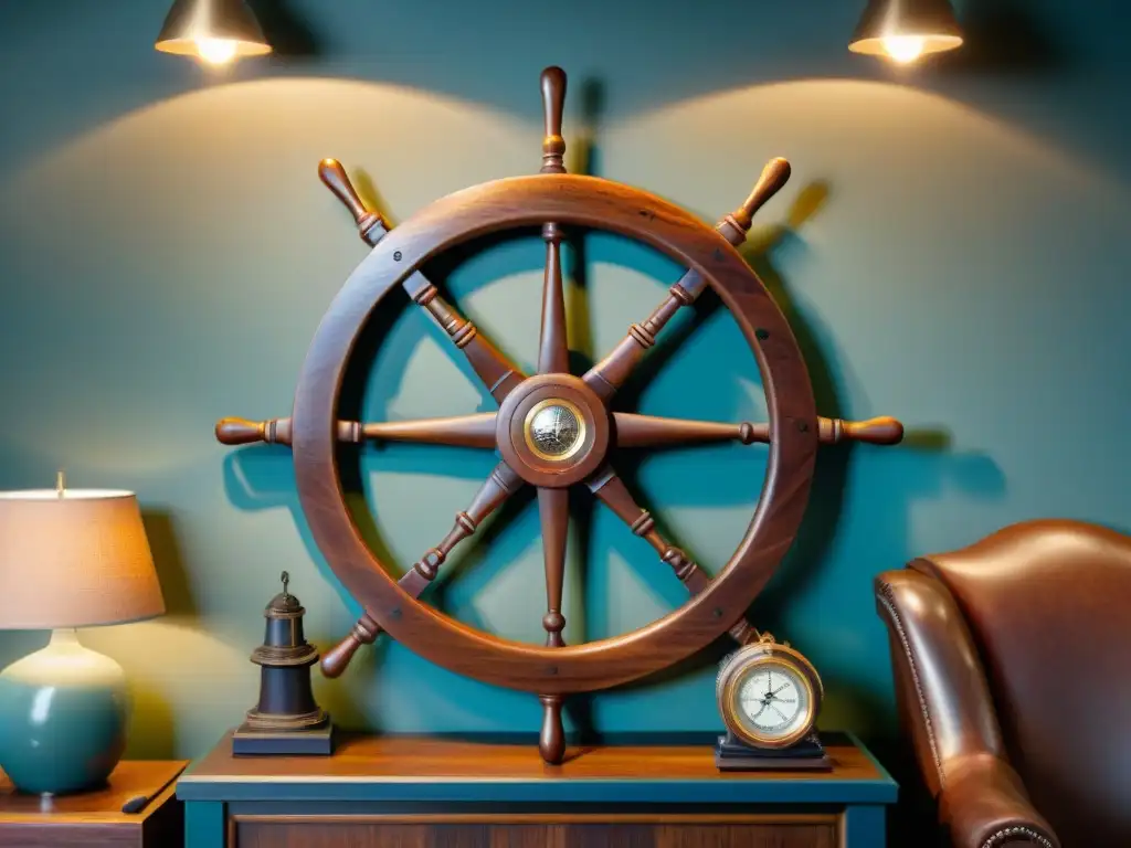 Timón de barco antiguo: detallado y evocador en sala náutica Un detallado timón desgastado como punto focal en una sala de estar con temática náutica