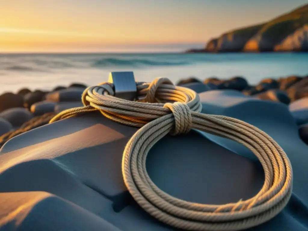 Ancla de madera en el océano al atardecer Detalle de ancla de madera con cuerdas marinas desgastadas, en el horizonte del océano al atardecer