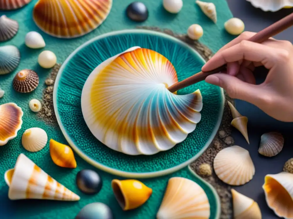 Mosaico de conchas marinas: arte costero detallado Detalle de artesanía en mosaico de conchas, resaltando la belleza y destreza de la colección arte costero