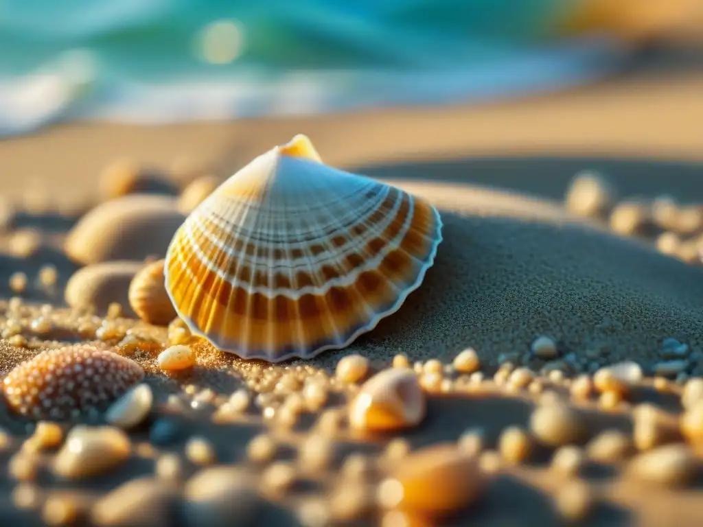 Concha marina vibrante: detalle impresionante en la costa Detalle asombroso de una concha vibrante en la costa: macrofotografía que muestra propiedades costeras y texturas únicas