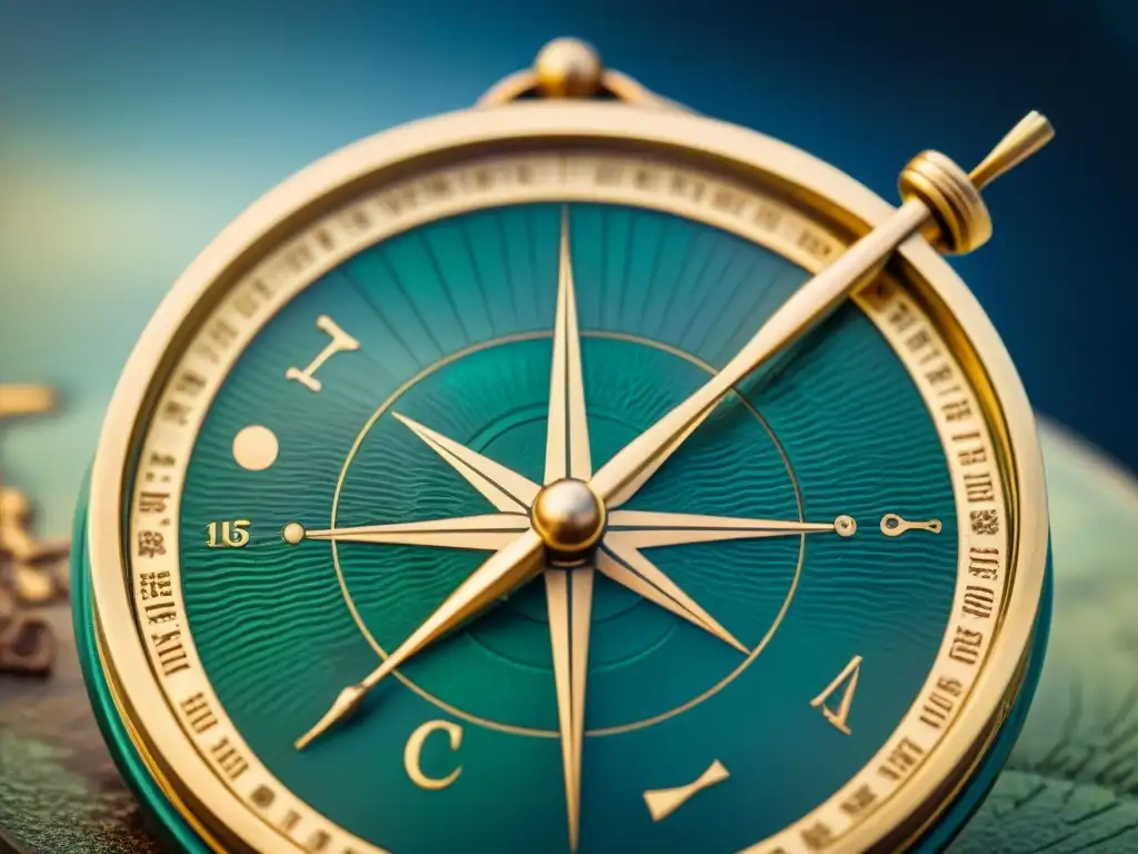 Detalle de un astrolabio antiguo de latón, reflejando las técnicas de navegación marina tradicionales