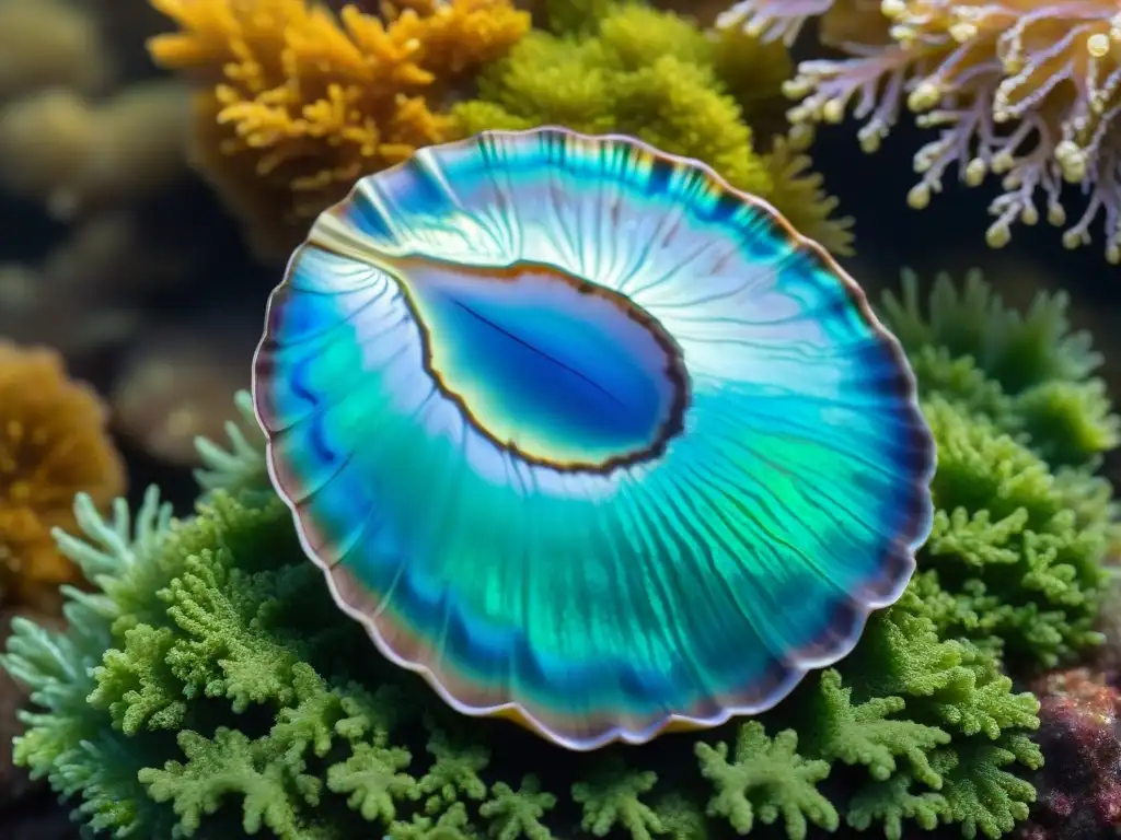 Concha de abulón brillante sobre algas marinas azules y verdes Detalle de concha de abulón brillante sobre algas azules y verdes, reflejando la belleza iridiscente del tesoro marino