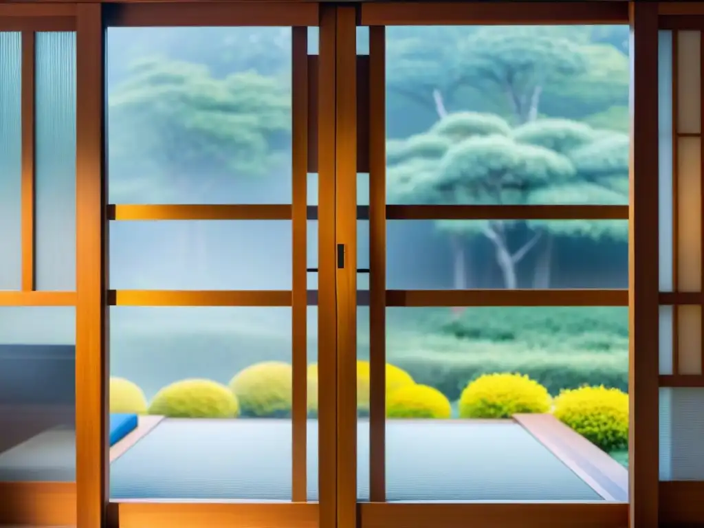 Arte japonés: detalle exquisito de una puerta shoji Detalle de la delicada carpintería de una puerta corrediza japonesa, resaltando la belleza de las casas de estilo japonés en la costa