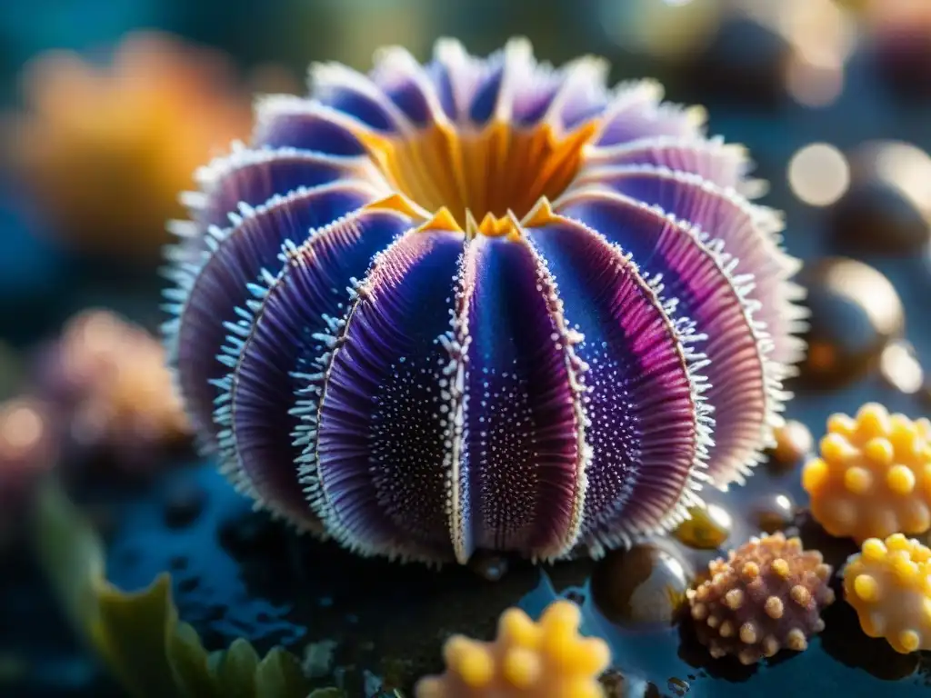 Concha de erizo de mar morado: detallada belleza submarina Detalle fascinante de caparazón púrpura de erizo de mar sobre alga colorida, con gotas de agua brillando al sol