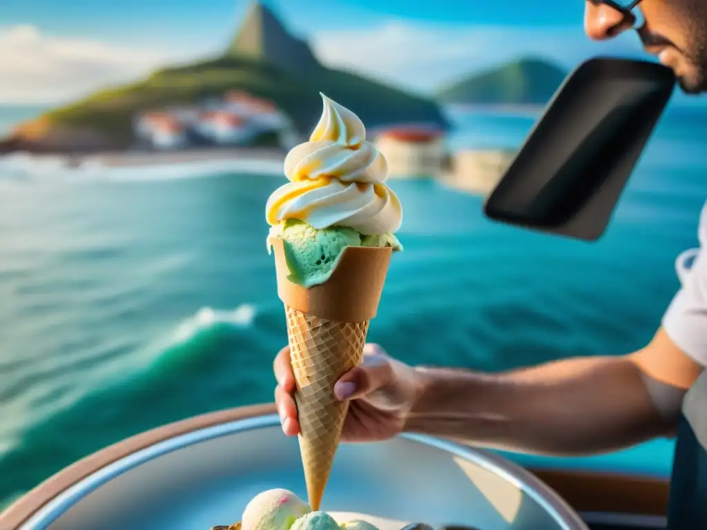 Artesanía costera: helado vibrante en gelatería junto al mar Detalle de helado artesanal en heladería costera con sabores únicos
