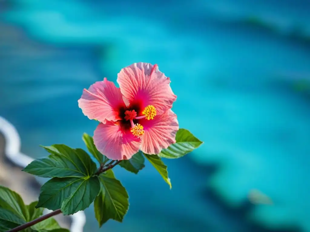Flor de hibisco rosa en el mar turquesa Detalle de una hermosa flor de hibisco rosa en contraste con el mar turquesa