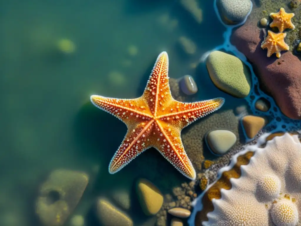 Estrella de mar vibrante en la costa: detalle macro fotográfico Detalle macro de una estrella de mar vibrante en la costa rocosa, resaltando las propiedades costeras y la belleza de la macrofotografía