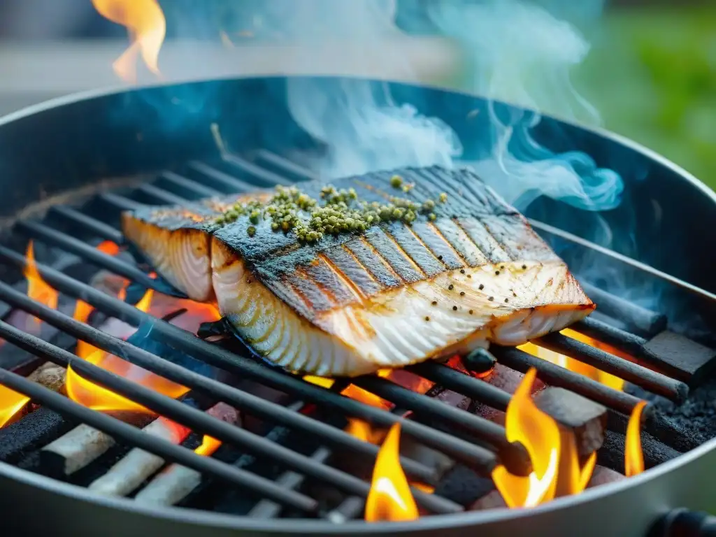 Sabrosa parrilla de pescado fresco: arte costero en acción Detalle de pescado fresco sazonado en la parrilla, con humo y llamas, destacando las técnicas de asado de pescado