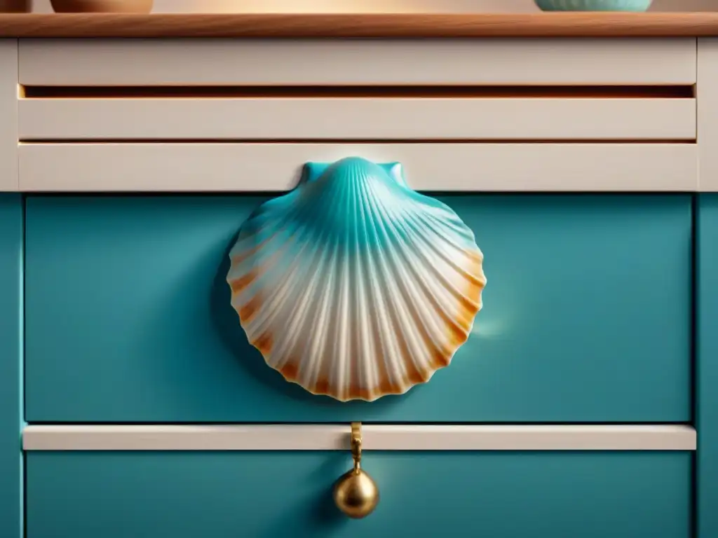 Manija de cajón en forma de concha marina: detalle 8k Detalle de tirador marino en forma de concha sobre mueble blanco, inspiración costera