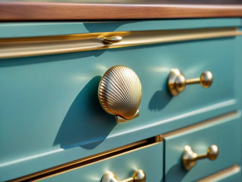 Mango marino de latón pulido: detalle sofisticado Detalle de tirador marino para muebles costeros, con conchas, olas y anclas, en latón pulido bajo luz natural suave