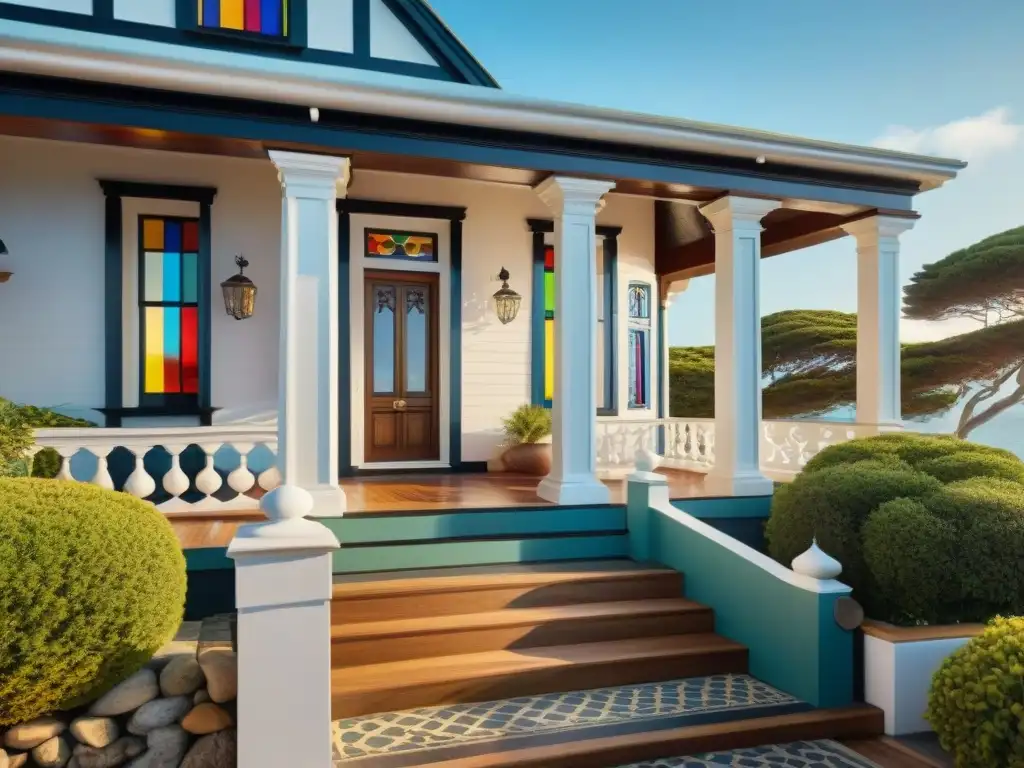 Esplendor histórico: Detalles arquitectónicos de una casa costera restaurada Detalles arquitectónicos de una casa histórica en la costa, con tallados en madera y vitrales coloridos, terraza con vista al mar y placa histórica