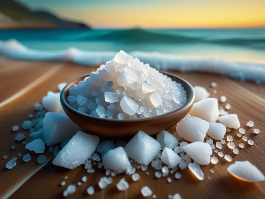 Puro cristal de sal marina: estructura hexagonal Detalles hipnóticos de cristales de sal marina pura resplandeciendo bajo luz natural, resaltando los beneficios de la sal marina