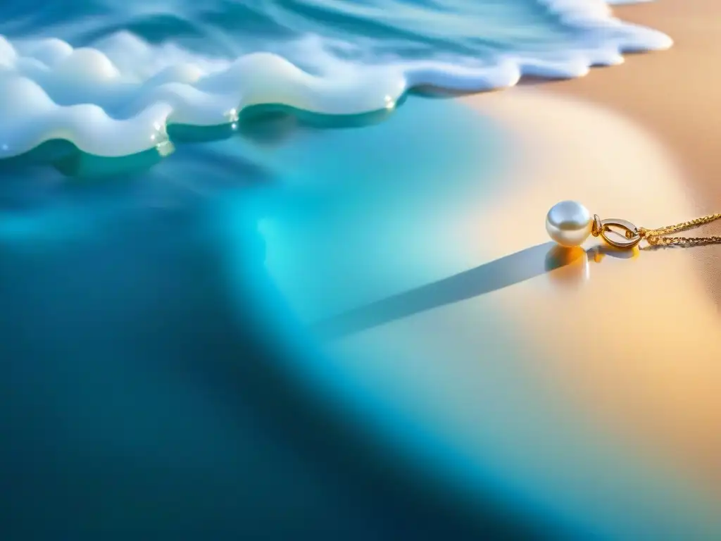 Collar de perlas de lujo sobre fondo marino Detalles lujosos de un collar de perlas frente al mar, para amantes de accesorios de lujo para vida costera