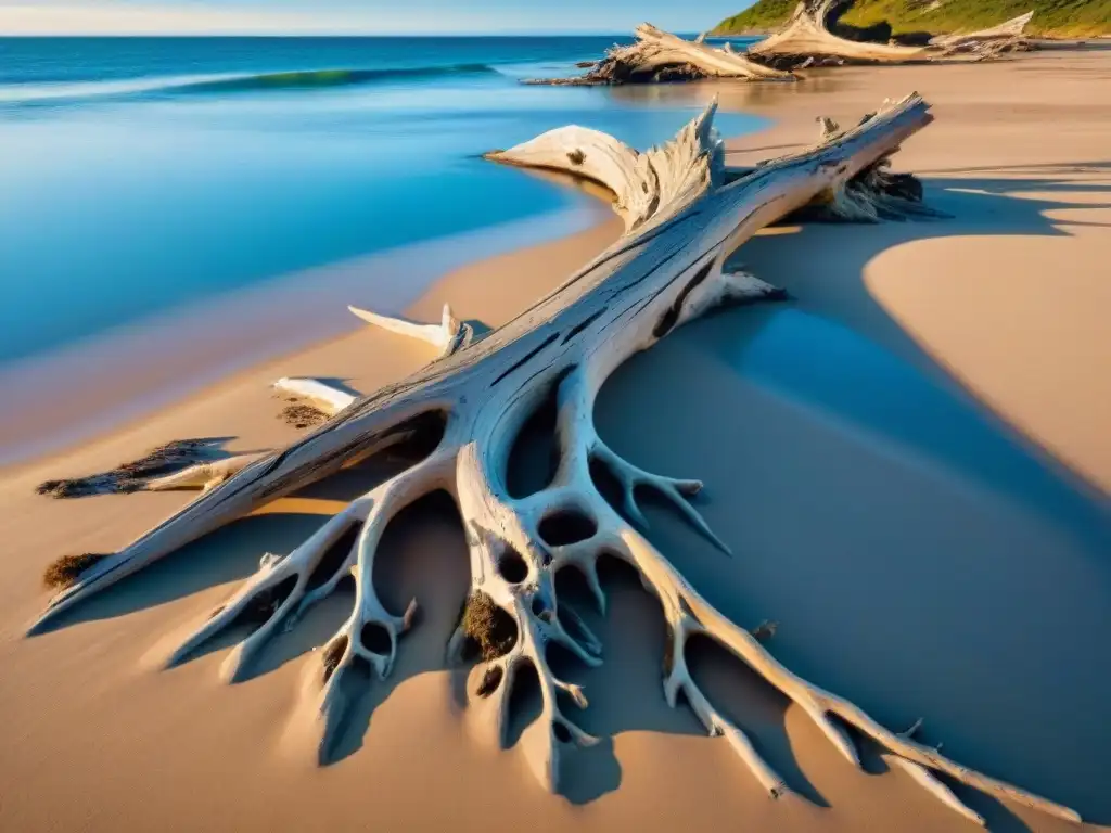 Texturas de madera a la deriva en la playa Detalles en madera a la deriva en la playa, con ondas suaves y cielo azul