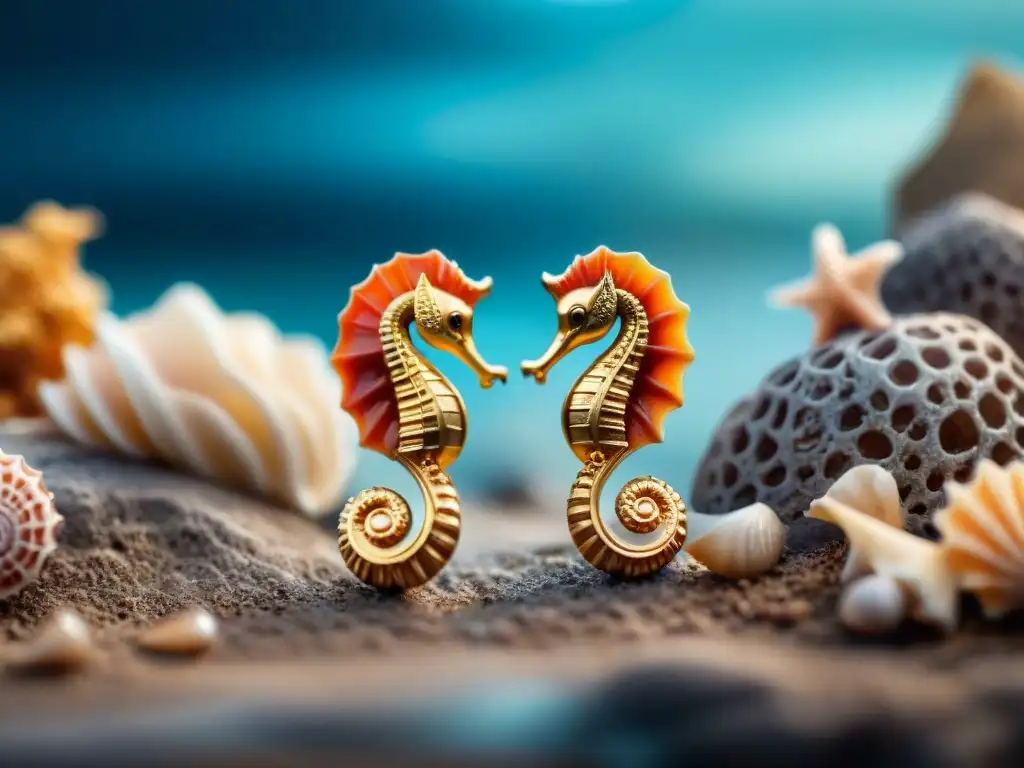 Pendientes de lujo con motivos marinos: seahorses, conchas y coral Detalles marinos en aretes con historias del océano, lujo y elegancia