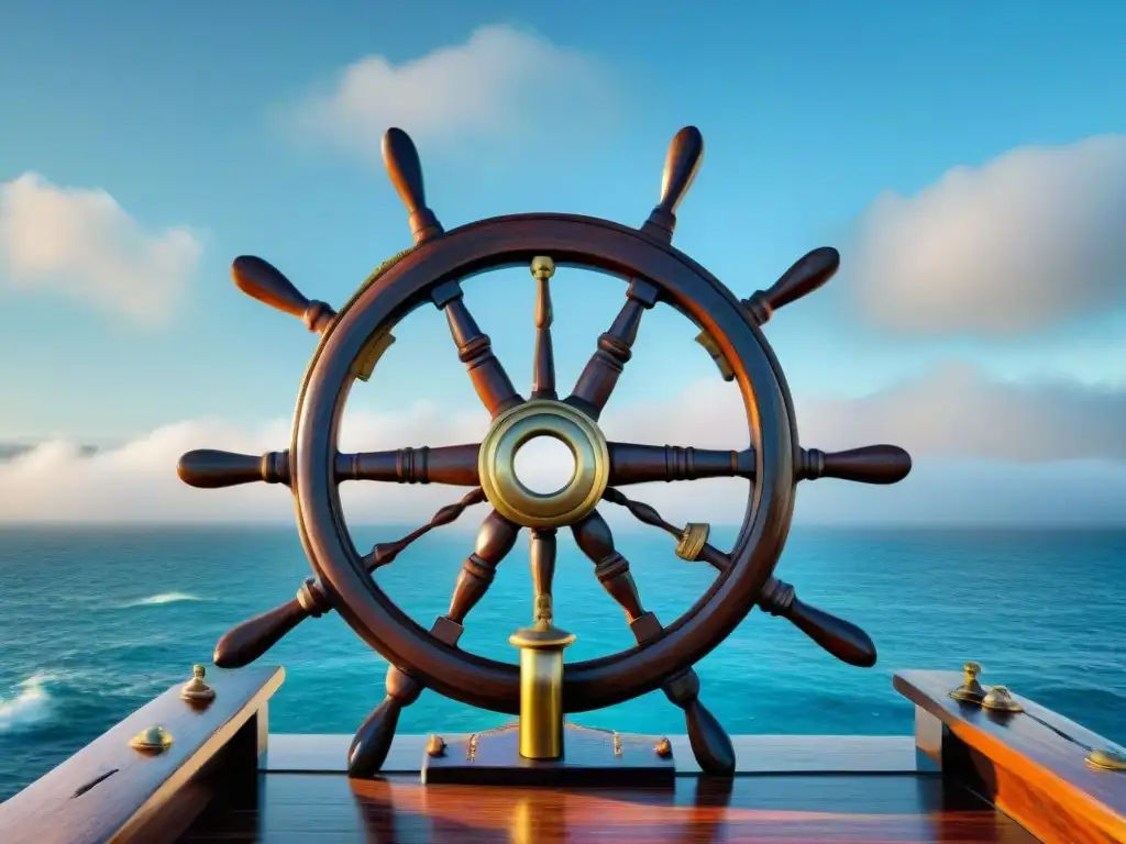 Timón antiguo de barco en el mar: detalle y elegancia marítima Detalles náuticos en diseño exterior con elementos náuticos de un timón de barco desgastado en el mar