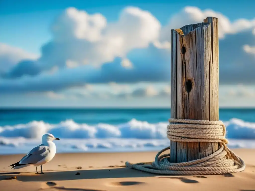 Pilotes de madera en la playa: detalle en alta definición Detalles náuticos: pilotes de madera en la playa con gaviotas