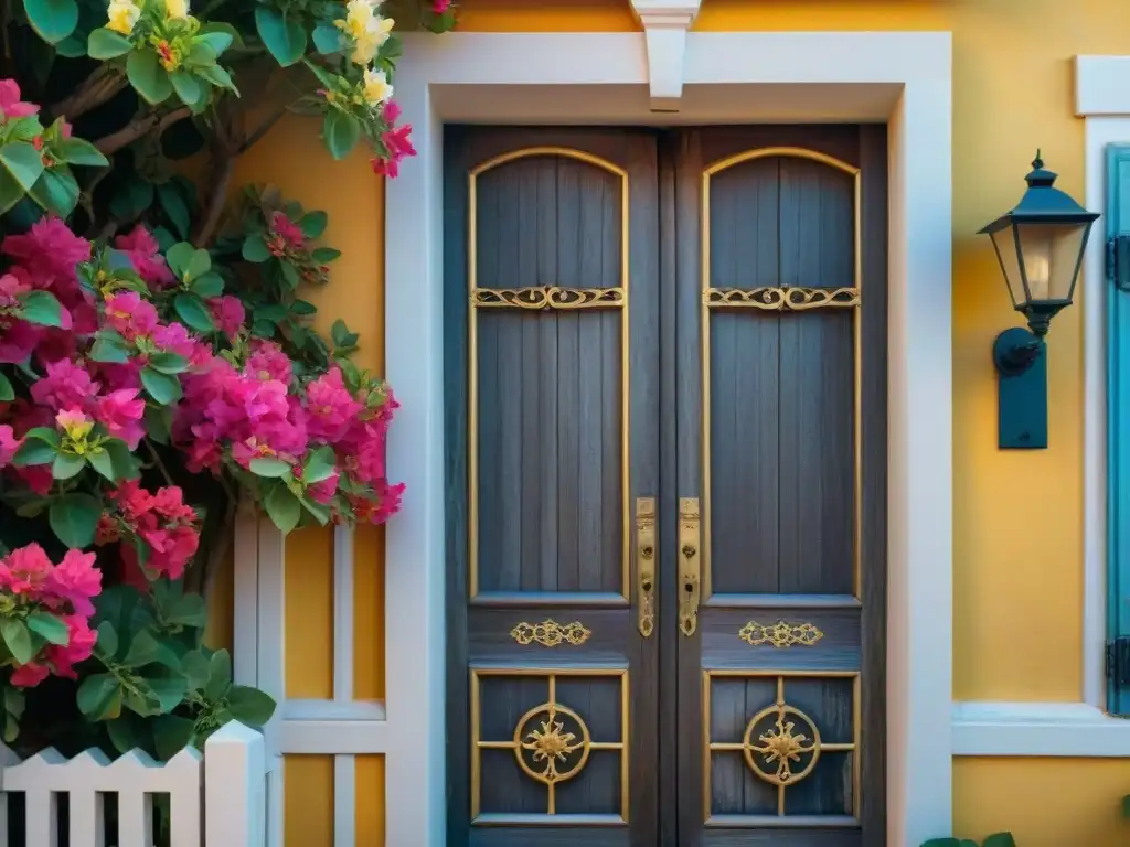 Puerta de madera antigua en casa costera histórica Detalles de una puerta de madera en casa histórica en la costa con ornamentos de hierro y bougainvillea en flor
