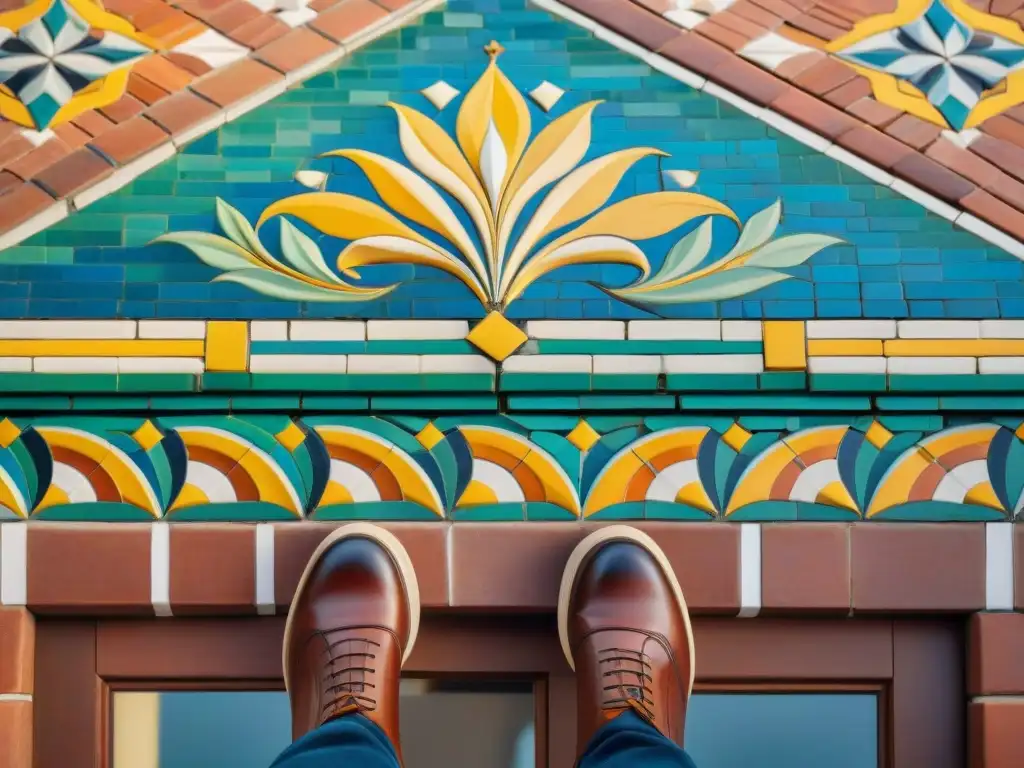Mosaicos coloridos de folklore local en propiedad costera histórica Detalles vibrantes en mosaico de propiedades costeras con historia, iluminados por el sol