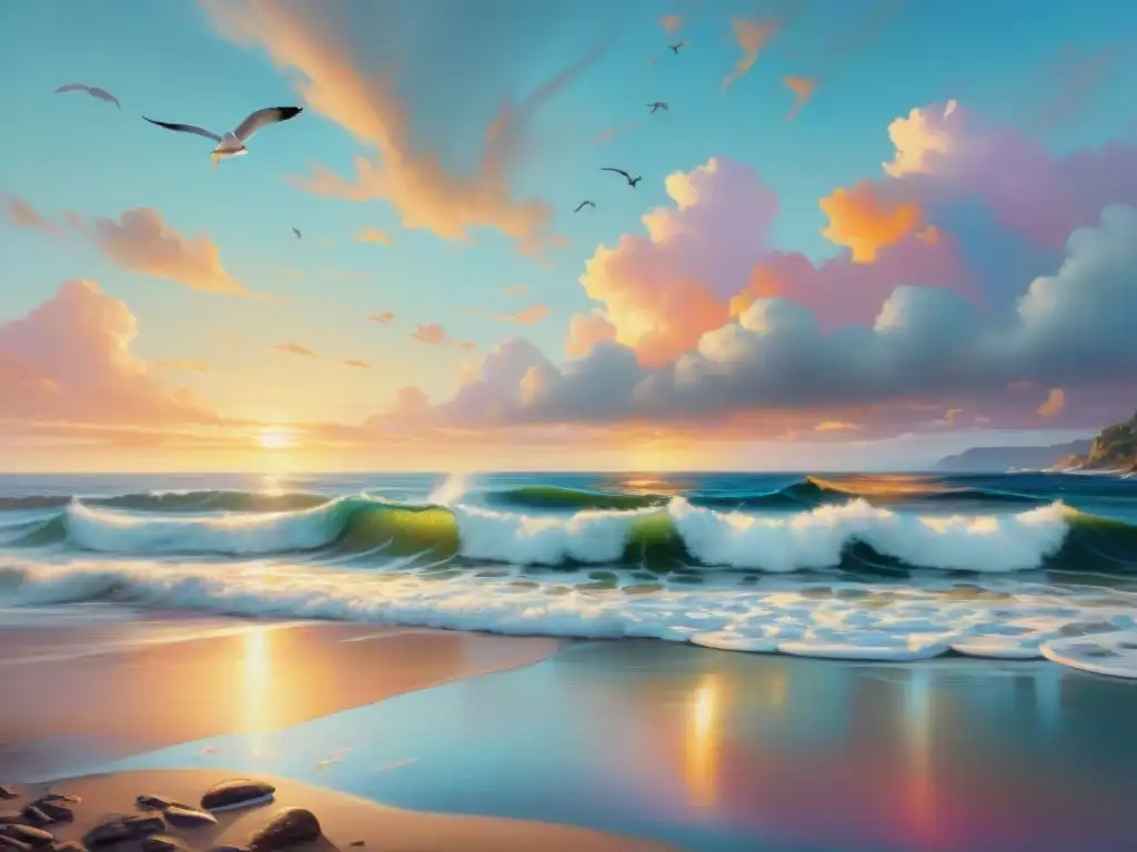 Pintura al óleo costera: Serenidad en atardecer pastel Detalles vibrantes de una pintura al óleo costera evocan serenidad y lujo