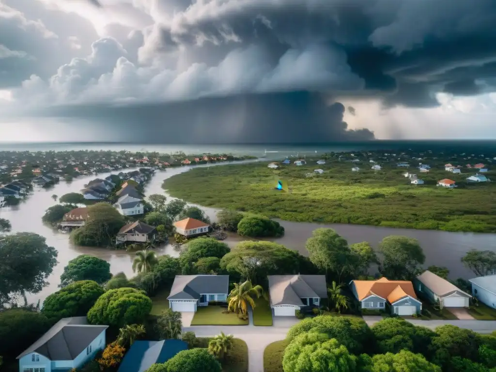 Devastación tras huracán: asistencia en área costera La devastación de un huracán en zona costera con equipos de emergencia y nubes oscuras