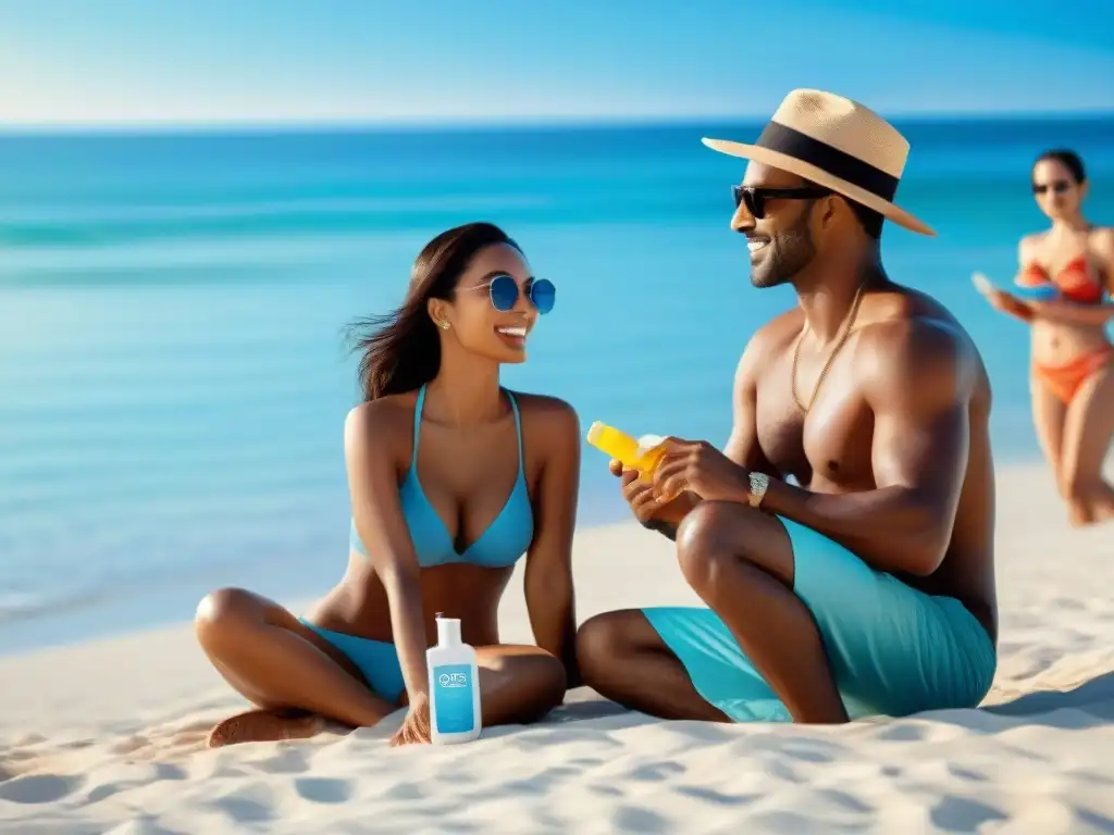 Disfrutando del sol: diversidad y protección en la playa Un día en la playa: una joven con sombrero, un hombre con gafas de sol y un niño aplicando protector solar
