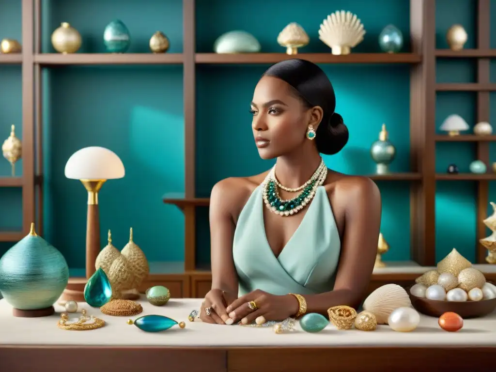 Artesana de joyas crea collar marino único Un diseñador de joyas crea un collar inspirado en el mar, rodeado de gemas y herramientas, en un estudio luminoso