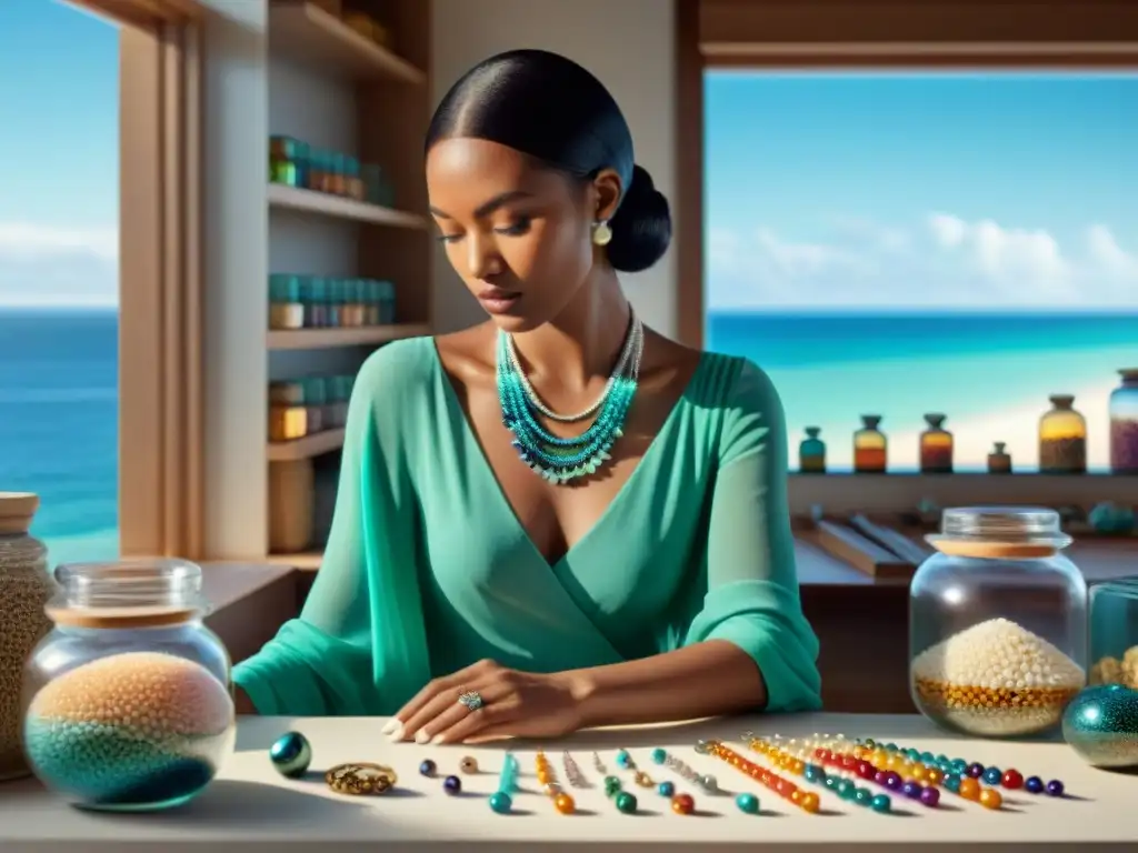 Artesana joyera crea collar inspirado en conchas Un diseñador de joyas crea un collar inspirado en conchas marinas rodeado de gemas brillantes y herramientas intrincadas en un taller moderno