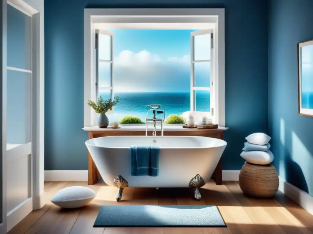 Baño relajante inspirado en el mar con bañera y decoración náutica Diseño de baños inspirados en el mar: baño sereno con ventana grande, cortinas blancas, bañera llena de burbujas y detalles náuticos