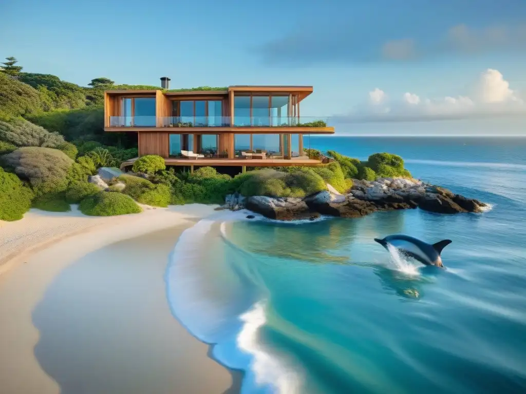 Residencia costera eco-friendly: armonía con la naturaleza Diseño de casa junto al mar: hogar ecológico con vistas panorámicas, techo verde y delfines nadando en armonía