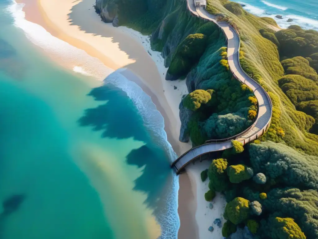 Senderos costeros integrados: belleza accesible Un diseño costero con caminos accesibles que se integran armoniosamente en el paisaje, guiando hacia una playa de arena