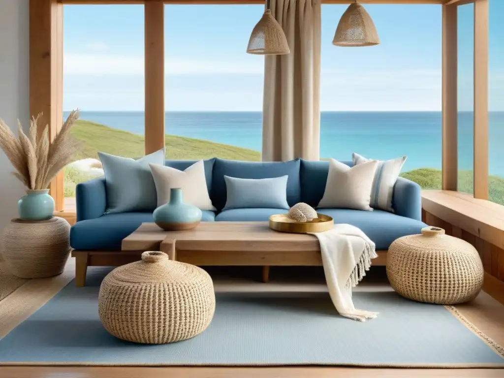 Tranquilidad costera: diseño interior con encanto marítimo Un diseño costero sereno con materiales naturales: suelos de madera, alfombra de yute, muebles de mimbre y vista al mar