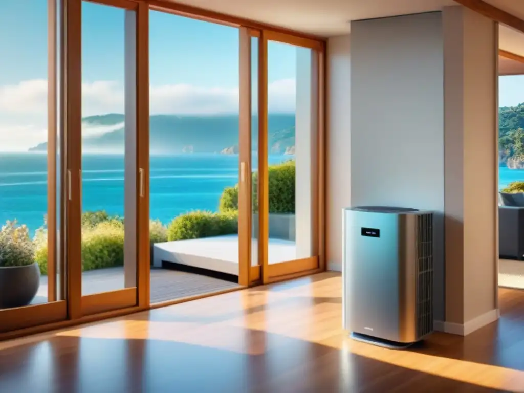 Moderno sistema de bomba de calor en casa de playa, eficiente y elegante Diseño elegante de sistema de calefacción en casa frente al mar
