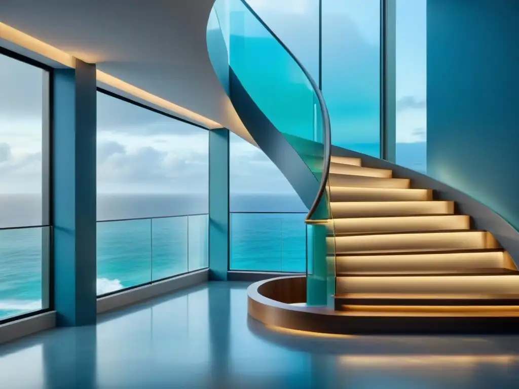 Escalera ondulante: diseño moderno con vista al mar Diseño de escalera marítima inspirado en el océano con ambiente sereno y vista al mar