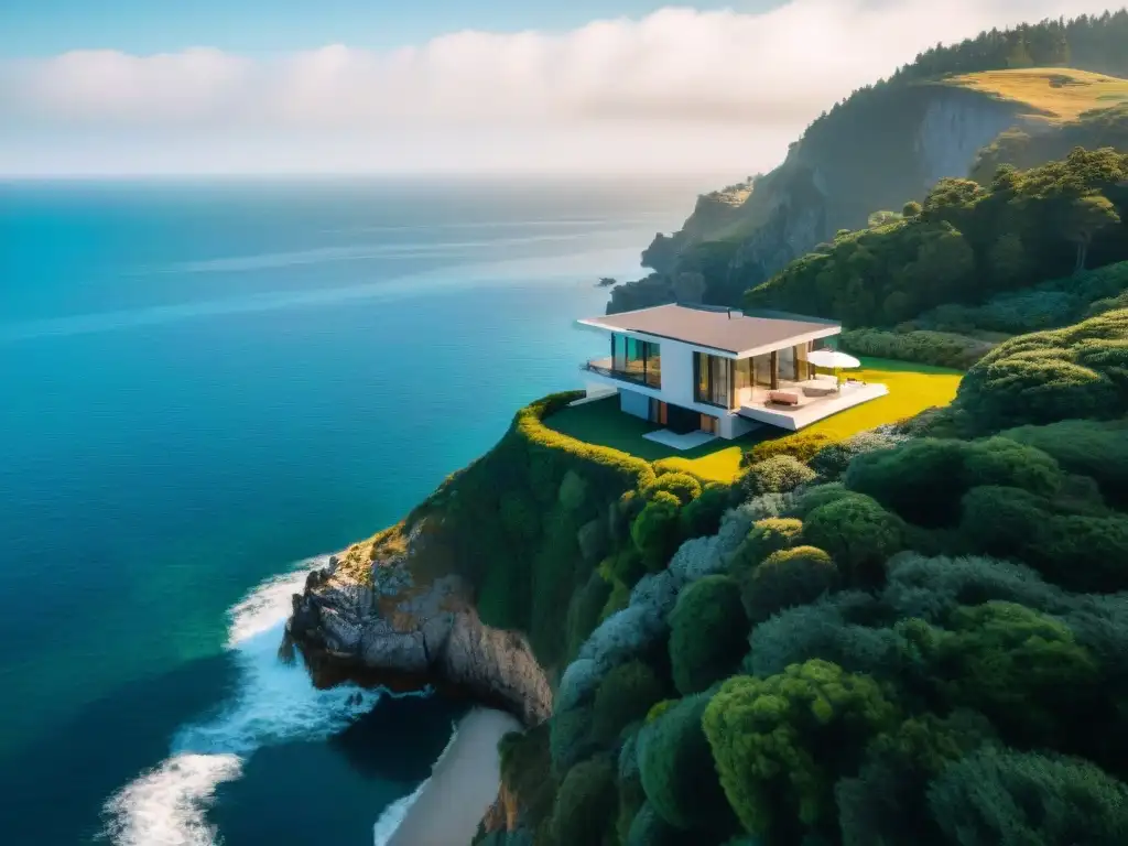 Casa minimalista en acantilado: elegancia costera Diseño exterior casas costeras simple: casa minimalista en acantilado con vista al mar y ventanales grandes