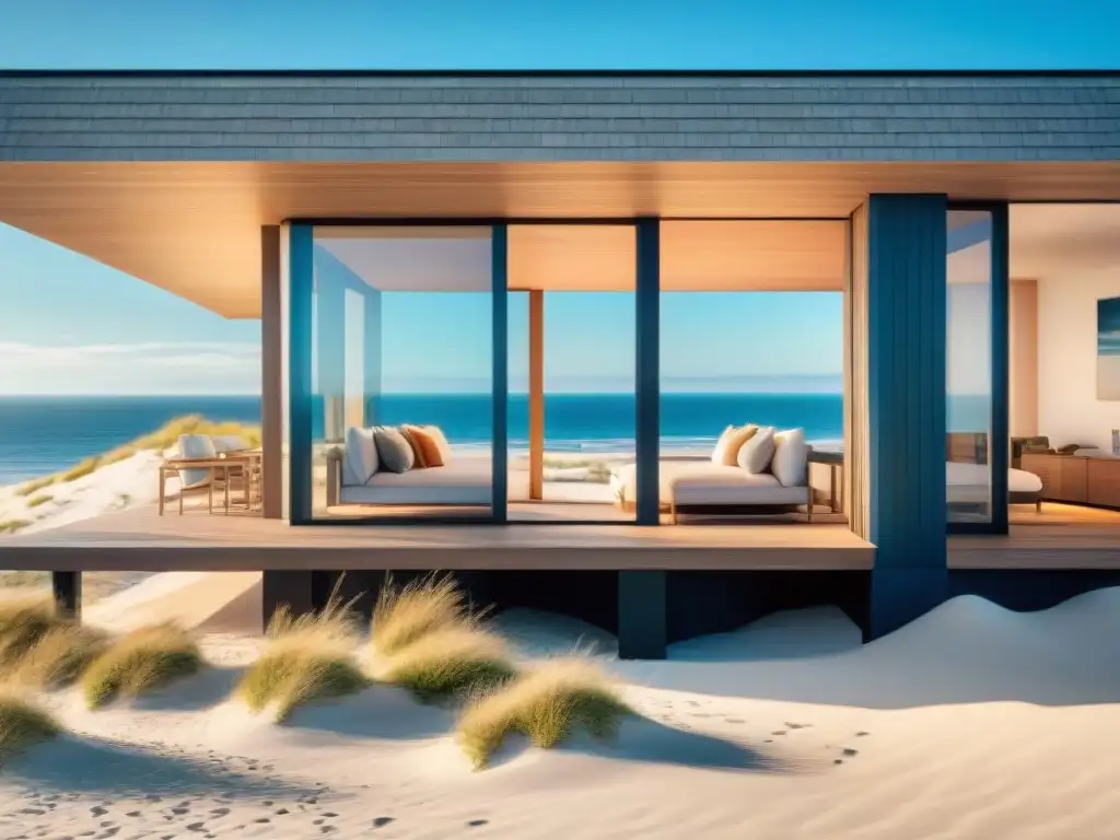 Refugio costero minimalista: diseño sereno en armonía con la naturaleza Diseño exterior casas costeras simple: Casa minimalista en la costa con líneas limpias, ventanales grandes, rodeada de dunas y hierba nativa