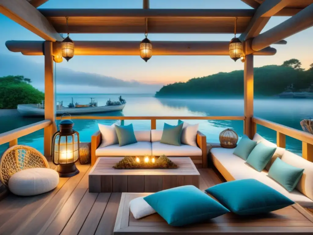 Encantador patio marítimo con piscina y decoración auténtica Diseño exterior con elementos náuticos: Patio tranquilo con piscina y decoración marina auténtica al atardecer
