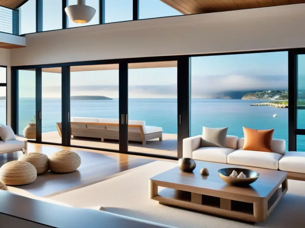 Casa moderna frente al mar con elementos náuticos Diseño exterior con elementos náuticos: Casa moderna frente al mar con detalles marinos como cuerdas y ancla, integrados en el exterior