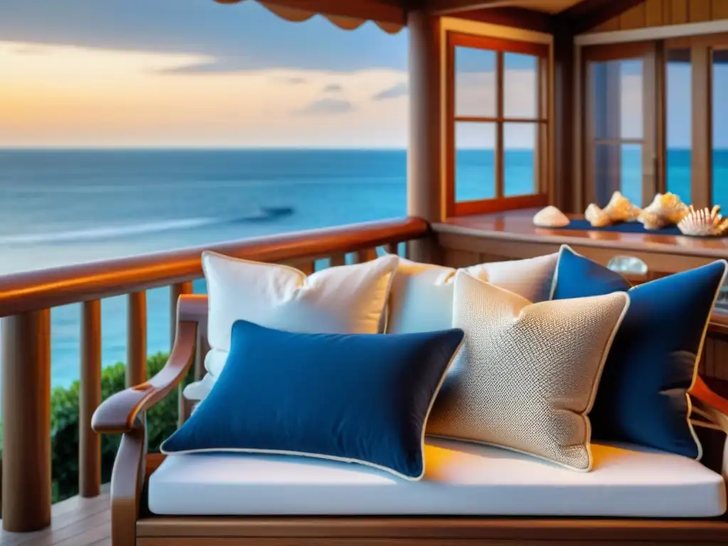 Villa costera al atardecer: diseño náutico en la hora dorada Diseño exterior con elementos náuticos en una villa costera al atardecer, con una decoración detallada y cálida