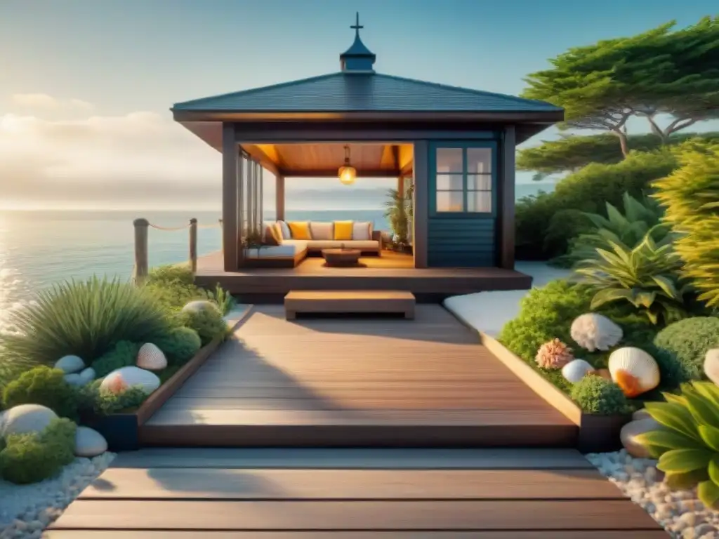 Jardín costero con terraza de madera y decoración marina Diseño exterior con elementos náuticos: jardín costero con muelle de madera y decoración marina