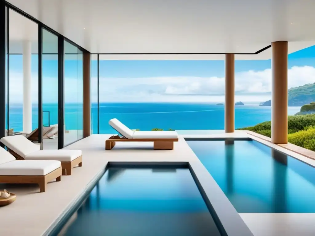 Propiedad costera de lujo con diseño moderno frente al mar Diseño exterior de propiedad costera con vistas panorámicas al mar, terraza espaciosa y piscina infinita