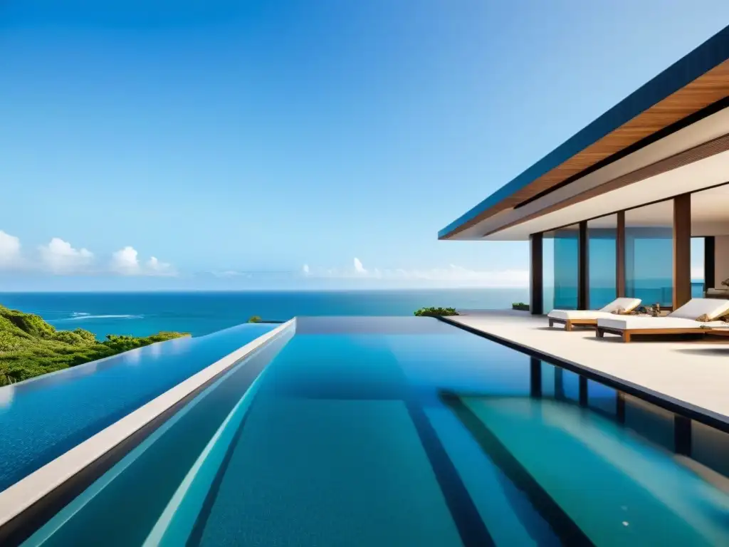 Mansión de lujo frente al mar con diseño moderno y vistas panorámicas Diseño exterior de una propiedad costera de lujo con vistas panorámicas al mar y modernas ventanas de piso a techo
