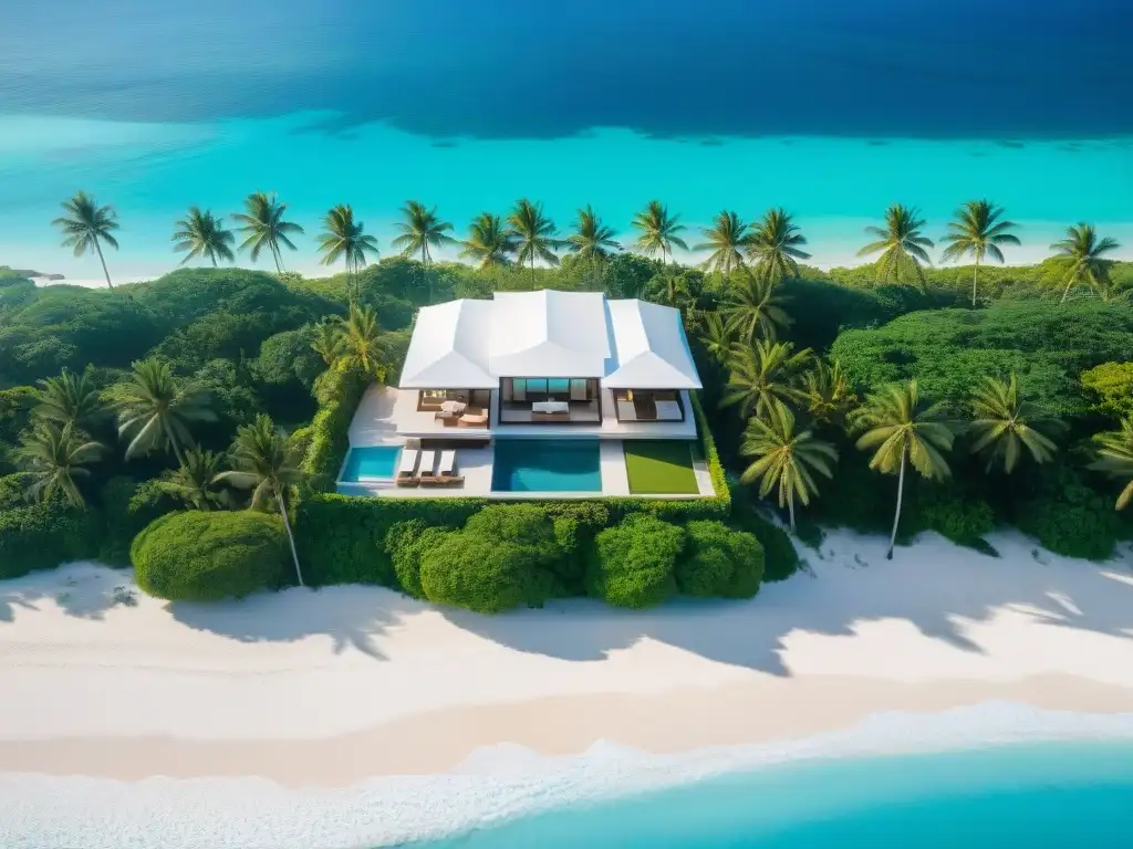 Villa de lujo frente al mar: arquitectura moderna y playas paradisíacas Diseño de exteriores casas playa 2023: Villa moderna en la playa con palmeras, aguas turquesas y arena blanca bajo el sol dorado